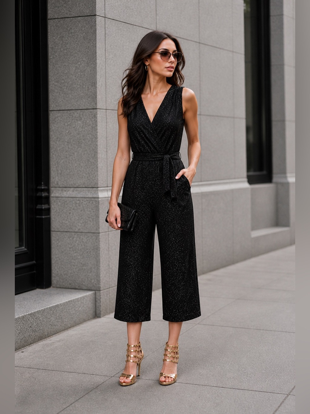 MICHAEL Michael Kors Womens Glitter Wrap Cropped Jumpsuit in Black Size S